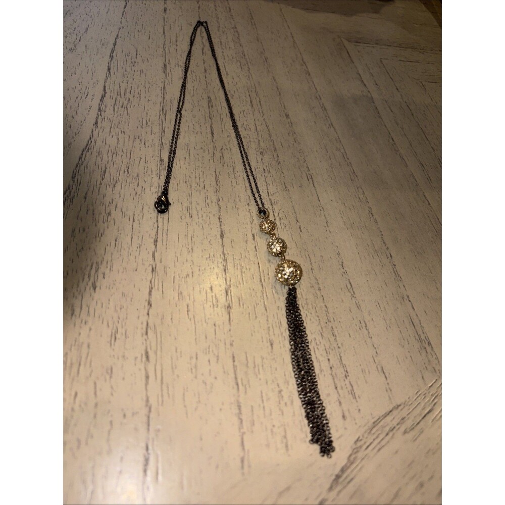 Vintage Style Dark Tone Tassel Necklace with 3 Large Rhinestones Covered Globes